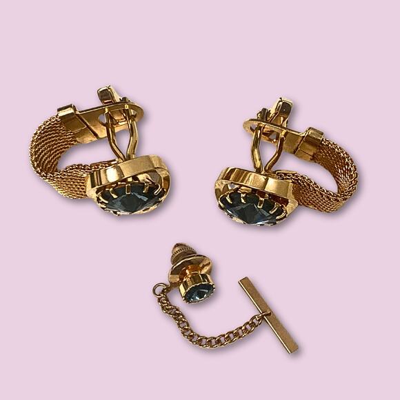 Smart Set-Golden and Blue Cufflinks and Tie Tack Set on Original Box - Picture 4 of 6